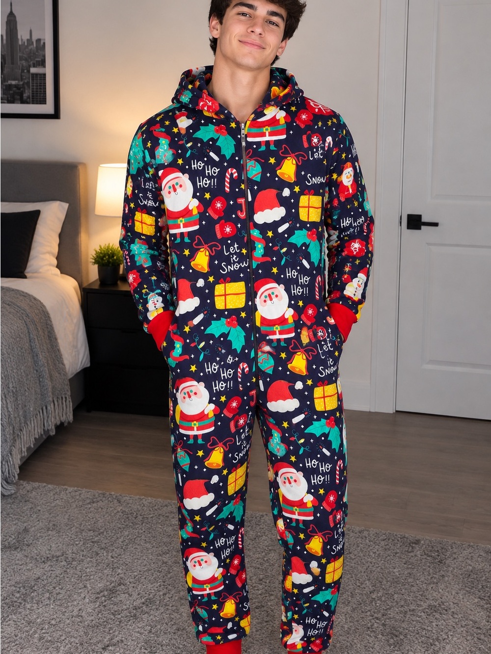 Kids Holiday Santa Hooded Onesie Pajamas - Navy Multi